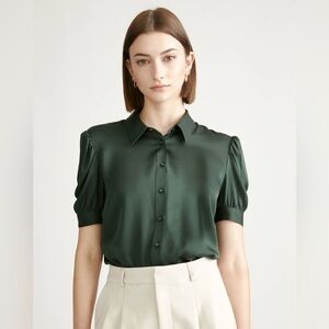 Quince Green Washable Silk Puff Sleeve Blouse, Small